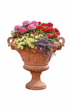 Preview: Reich ornamentierter Terracottapokal aus Impruneta – klassischer Pflanzkübel für Garten und Terrasse